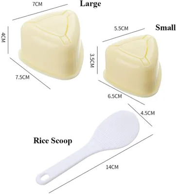 A size chart showing two sushi molds and a rice scoop with dimensions labeled.
