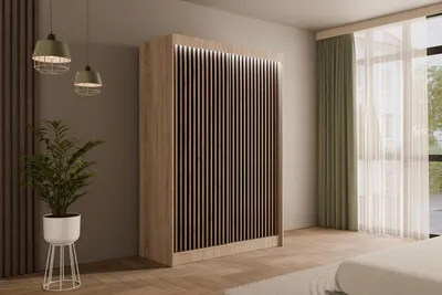 Produktbild von ALTDECOR Kleiderschrank mit Lamel-Schiebetüren,  Führungsschienen und Aluminium- Leisten, LED-Beleuchtung  und Fernbedienung - VILANv2 - 150 cm Sonoma Eiche + Lamelle Eiche Wotan
