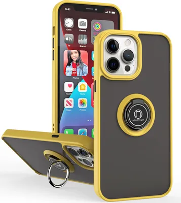 Produktbild von iPhone 14 Pro Max Hülle, Ring Halter Ständer Matte Transluzent TPU Rahmen Stoßfest Schutzhülle für iPhone 14 Pro Max Gelb