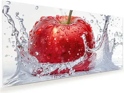 Produktbild von Glasbild 60x30cm in XXL für Wohnzimmer, Schlafzimmer Motiv Spritzender Apfel