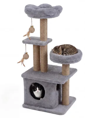 Produktbild von KOMFOTTEU Kratzbaum, 96 cm Katzenbaum mit blumenförmiger Plattform, Höhle, Bett, Katzenkratzbaum mit 3 Kratzsäulen, 2 Plüschbälle, mehrstöckiger Katzenturm für große und kleine Katzen, Hellgrau