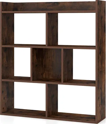 Immagine prodotto di libreria a 7 cubi senza pannello posteriore, scaffale in legno autoportante con protezione antiribaltamento, scaffale moderno per camera da letto, studio, soggiorno, noce