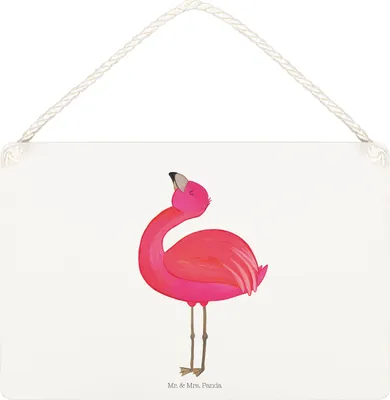Produktbild von Mr. & Mrs. Panda Schild Flamingo Stolz DIN A5 - Weiß - Geschenk, holzbild, Türschild, Wandbild Holz, Selbstliebe, Freude, Holzschild, Freundin, Rosa, wandhänger