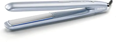 A silver and white hair straightener is shown on a white background.