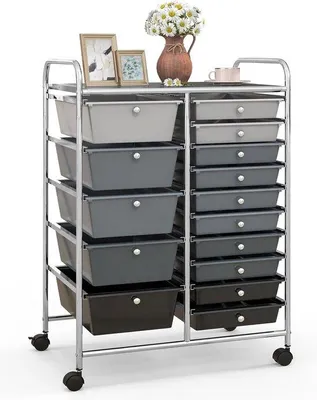 Image de Chariot de rangement métallique avec 15 bacs empilables, conteneur de rangement avec structure métallique et surface de rangement, pour le bureau ou le salon, 63 x 37 x 87 cm