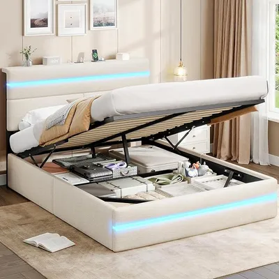 Productafbeelding van Bed 140x200 met hydraulische opbergruimte, gestoffeerd tweepersoonsbed met LED-hoofdeinde en oplaadstation (3 USB + 1 Type-C), jeugdbed met lattenbodem, boxspringbed, beige linnen (zonder matras)