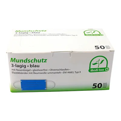 Produktbild von Medi-Inn® 50 "Medi-Inn®" Mundschutz Type II 3-lagig 9 cm x 17,5 cm blau mit Nasenbügel | Faltschachtel (50 Stück)