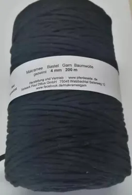 Produktbild von Makrameegarn Makramee Baumwollgarn Bastelgarn SCHWARZ  200 Meter 4 mm GEZWIRNT