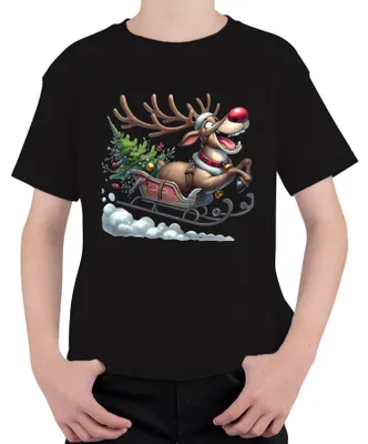 Produktbild von Rudolph Rentier Schlitten Weihnachtsbaum Glöckchen Cartoon Lustig Kinder T-Shirt, Schwarz, 152