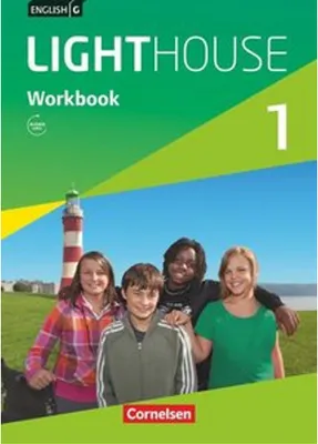 Cover of a workbook with children and a lighthouse.