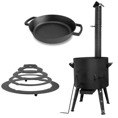 Produktbild von Ø44cm Uchag 2mm Stahl Abzugsrohr mit Adapter-Ringe Ø36cm Gusseisenpfanne Bräter Schmortopf zwei Griffe Utschak Utschag Feldküche Feuerstelle Campingofen Außenküche Eintopfofen