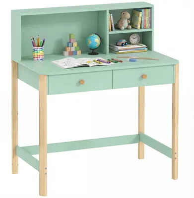 Image de Bureau pour enfants - Bureau enfant - 3 compartiments ouverts et 2 tiroirs - 90 x 52 x 105 cm - Fabriqué en MDF et en bois de pin - Vert