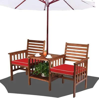 Produktbild von Gartenbank Akazienholz mit Schirmloch & Tsich, Sitzbank Parkbank ?165 x 65 x 88 cm, Holzbank Sitzgarnitur & Bierzeltgarnitur für Garten, Balkon & Terrasse (Rot)