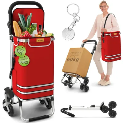 Image de Chariot de courses ELONEO avec compartiment réfrigéré, chariot de courses pliable, chariot de courses réglable en hauteur, sac amovible 56 L - Rouge