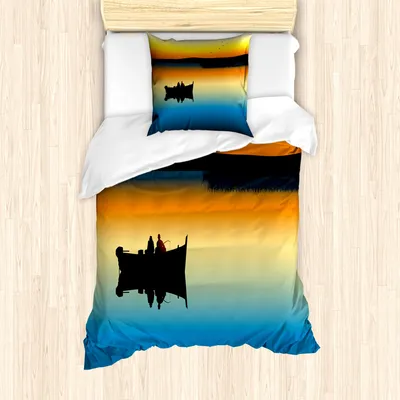 Produktbild von ABAKUHAUS Angeln Mantele, Sonnenuntergang am See-Fischen, Milbensicher Allergiker geeignet mit Kissenbezügen, 135 cm x 200 cm - 80 x 80 cm, Orange Blue