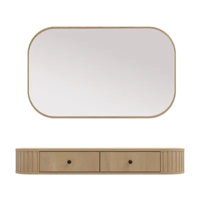 Image de AX LIVING Coiffeuse Halay chene Cremona 2 tiroirs avec bords arrondis + miroir rectangulaire