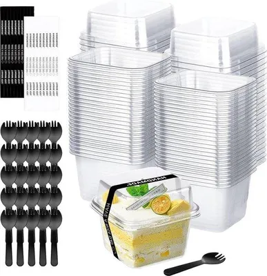 Produktbild von Plastik-Dessertgläser 50er-Pack mit Deckel - 240 ml rechteckig - lecker - herstellbar - Dessert- und Vorspeisebecher