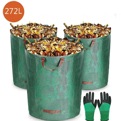 Produktbild von 3er Set Gartenabfallsack Gartensäcke inkl Handschuhe Stabil Robust Faltbar Laubsäcke Laubsack für Gartenabfälle Grünschnitt 272L