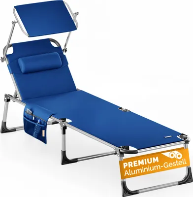 A blue foldable sun lounger with a canopy and pillow, shown on a white background.