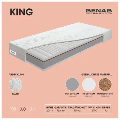 Produktbild von Kaltschaummatratze Benab King 1+1 Matratze 90 x 195 cm H3 / H5 hart 20 cm hohe Kaltschaummatratzen, Silber, Kokosnuss, HR, PUR, 7 Zonen, Profilierung