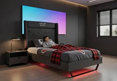 Immagine prodotto di Letto da gioco per bambini nero e rosso con illuminazione a LED