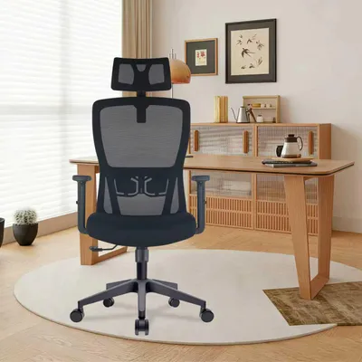 Immagine prodotto di Sedia da ufficio ergonomica, colore nero, con poggiatesta e braccioli regolabili, rivestita in tessuto a rete