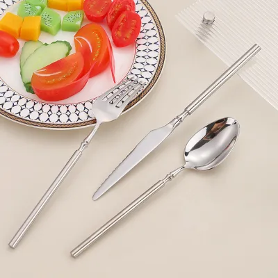 Produktbild von Western-Essgeschirr, Messer, Gabel und Löffel aus Edelstahl 304 mit schlankem Taillengriff, hochglanzpoliert, spülmaschinenfest.