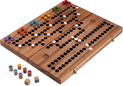 A wooden board game with colorful playing pieces and dice, laid out on a white background.