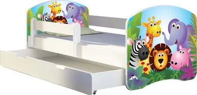 Produktbild von ACMA Jugendbett Kinderbett Junior-Bett Komplett-Set mit Matratze Lattenrost und Rausfallschutz Weiß 01 Zoo 160x80 + Bettkasten