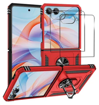 Immagine prodotto di set di cover protettive 2in1 per il Samsung Galaxy Z Flip 7 composto da 2x protezione dello schermo in vetro 9H e 1x custodia in silicone - cover in rosso
