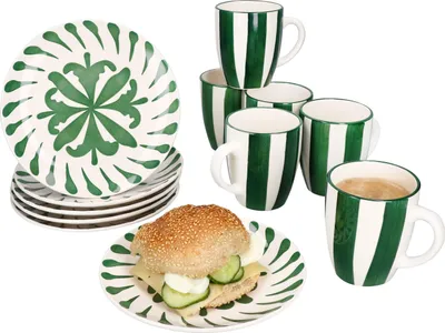 Produktbild von 12tlg Frühstücksset Wald grün Steingut 6 Personen Teller Becher Zweige Streifen