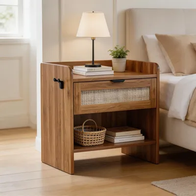 Produktbild von Nachttisch aus Rattan mit USB-C-Ladestation und Schublade, Nussbaum