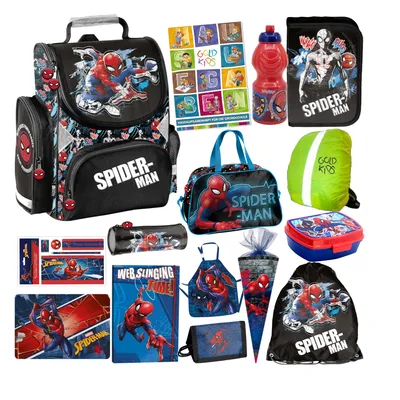 Produktbild von Goldkids- Schulranzen für Jungen, 15er-Set - Schul-Rucksack für Kinder mit Federmäppchen - Schuhbeutel Brotdose und Trinkflasche - Spiderman Motiv