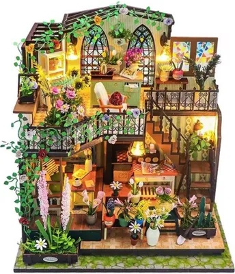 Image de Habarri | Maison miniature - Maison de poupées DIY - Maison en bois avec meubles et éclairage LED - Cadeau pour enfants - Look ensoleillé