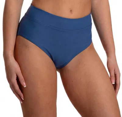 Zdjęcie produktu dla Spodnie bikini damskie Aquarti z wysokim stanem i podwiniętym paskiem, kolor: ciemnoniebieski, rozmiar: 42