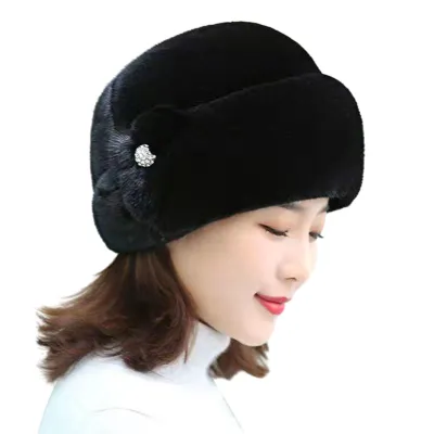 Produktbild von Wintermütze für Damen, elastische Passform, Plüschimitat, Nerzsamt, winddicht, einfarbig, mit Blumenmuster, Baskenmütze für Damen, Schwarz