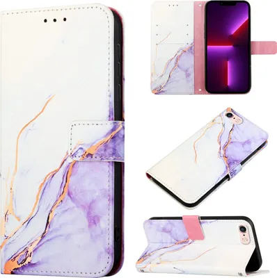 Produktbild von iPhone SE 2020 Hülle, Marmor Motiv Kunstleder Tasche Wallet Kartenfächer mit Standfunktion Klapp Schutzhülle für iPhone SE 2020 / 8 / 7 / 6s / 6 Weiß Lila