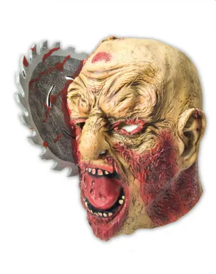 Produktbild von Gesichts-Vollmaske aus 100% Latex im Zombie-Design mit integriertem Kreissägen-Motiv