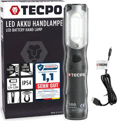 Produktbild von TECPO LED Akku Handlampe 300 Lumen + USB Kabel