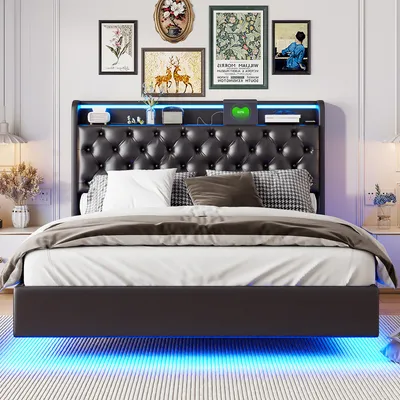 Image de ProximaX lit rembourré 160x200cm avec fonction de charge (USB), lit double pour adolescents lit de rangement avec LED et espace de rangement dans la tête, lit hydraulique à sommier à lattes