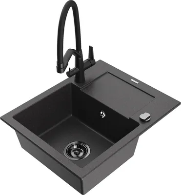 Produktbild von Mexen Enzo 1 Becken-Granitspüle mit Abtropffläche und Mischbatterie Duo, Schwarz gesprenkelt - 6506-76-671701-70-B