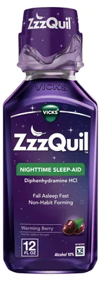 Produktbild von ZzzQuil Nahrungsergänzungsmittel mit Melatonin, Kamille und Lavendel, für einen ruhigen Schlaf, Beerengeschmack, 354ml