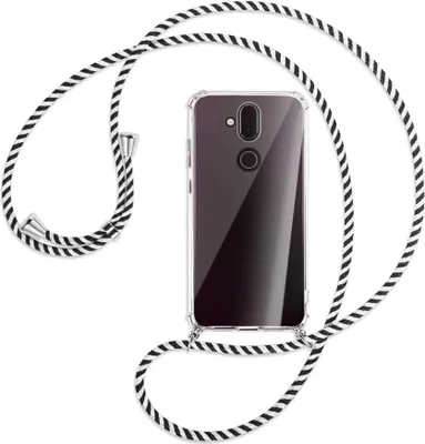 Produktbild von Handykette Backcover-Schutzhülle mit Band (Metall silberfarben) für Nokia 8.1 - schwarz/weiß gestreift