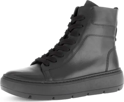 A black leather high-top boot with laces and a thick sole, shown from a side angle against a white background.