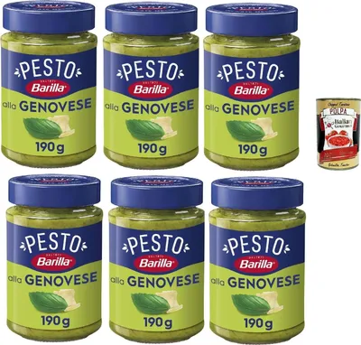 Produktbild von Barilla Pesto alla Genovese 190 g – 6er Vorratspack | Basilikum-Pesto ohne Knoblauch, cremig & authentisch – perfekt für Pasta, Bruschetta, Dip & Marinade + Italian Gourmet polpa