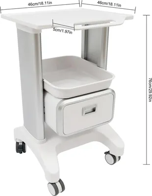 Obrázek produktu pro Kosmetický vozík – pojízdný vozík – ABS – jedna zásuvka, dvě police – čtyři otočná kolečka (dvě s brzdou) – nosnost 100 kg – bílá