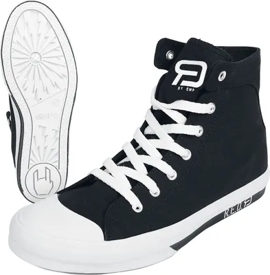 A pair of black high-top sneakers with white laces and soles, shown from a slightly angled front view, with the sole of one shoe also visible.