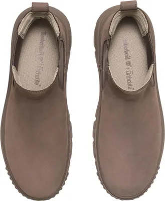 Top-down view of a pair of brown Chelsea boots.