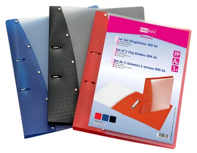 Produktbild von VELOFLEX - Ordner DIN A4, Diamond Ringordner, Rot, Schwarz, Blau, 3 Stück