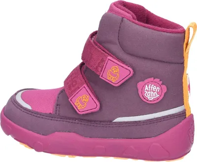 A side view of a single purple and pink child's boot.